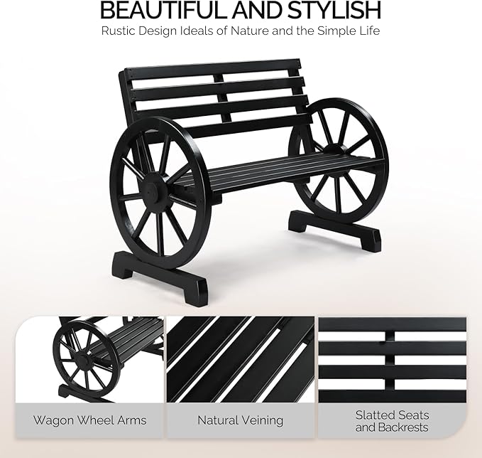 VINGLI Rustic Wooden Wheel Bench Outdoor Bench, Patio Bench Wagon Slatted Seat - Image 5