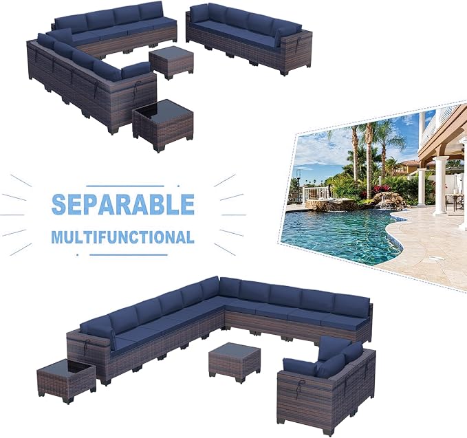 Kullavik 14 Pieces Outdoor Patio Furniture Set, Sectional Rattan Sofa Set Brown - Image 5