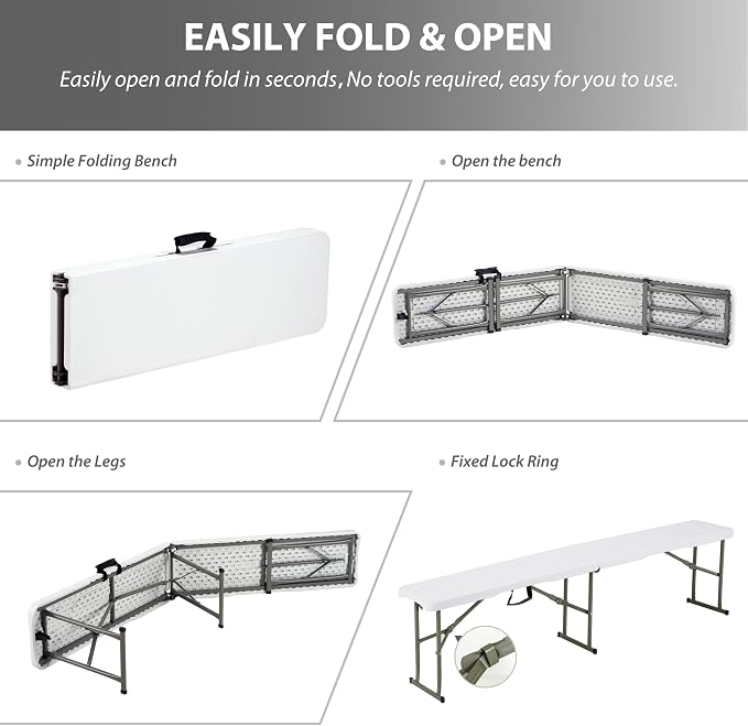 6ft Plastic Folding Bench with Carrying Handle & Lock, Portable Outdoor Bench - Image 6