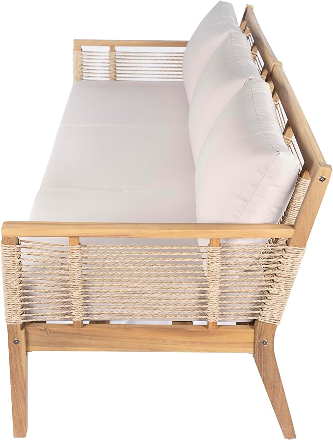 Outdoor Patio Acacia Wood 3-Seater Sofa, Hand Woven Rope Sofa - Image 7