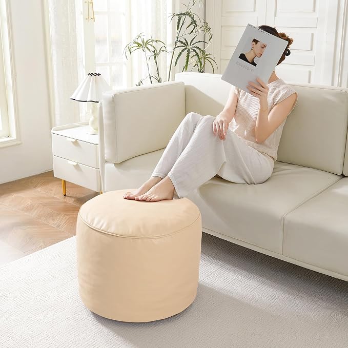 HIGOGOGO Round Stuffed Pouf Ottoman, Pu Leather Poufs - Image 3