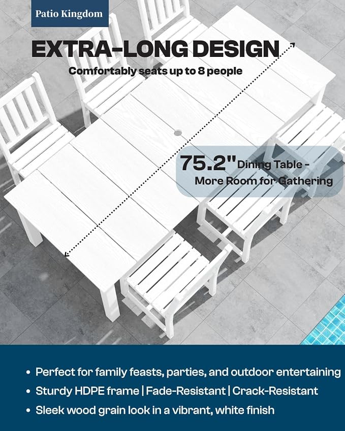 9-Piece Outdoor Dining Set for 8, 75.2'' HDPE Table - Image 2