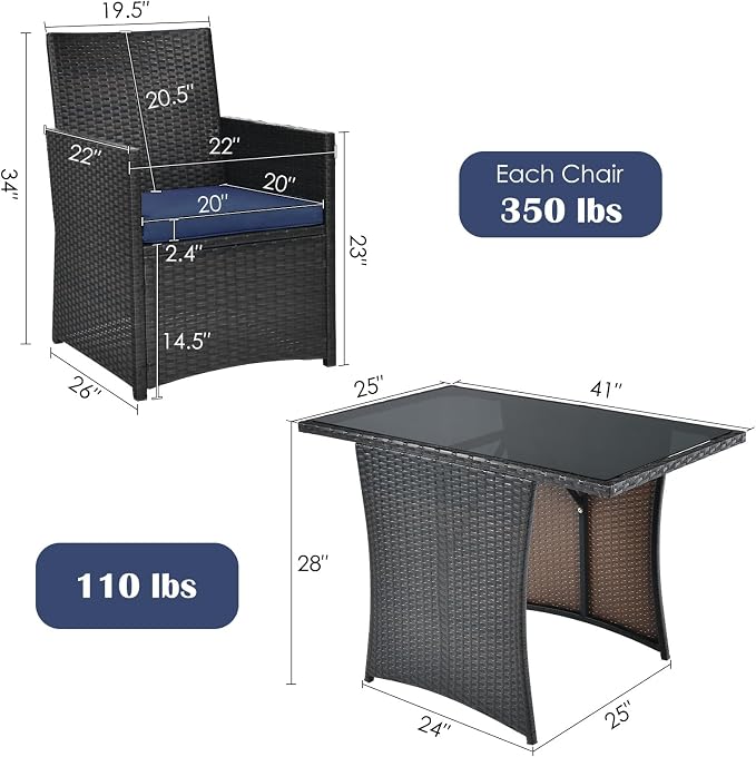 Tangkula 3 Pieces Patio Dining Set, Space-Saving PE Rattan Bistro Set - Image 5