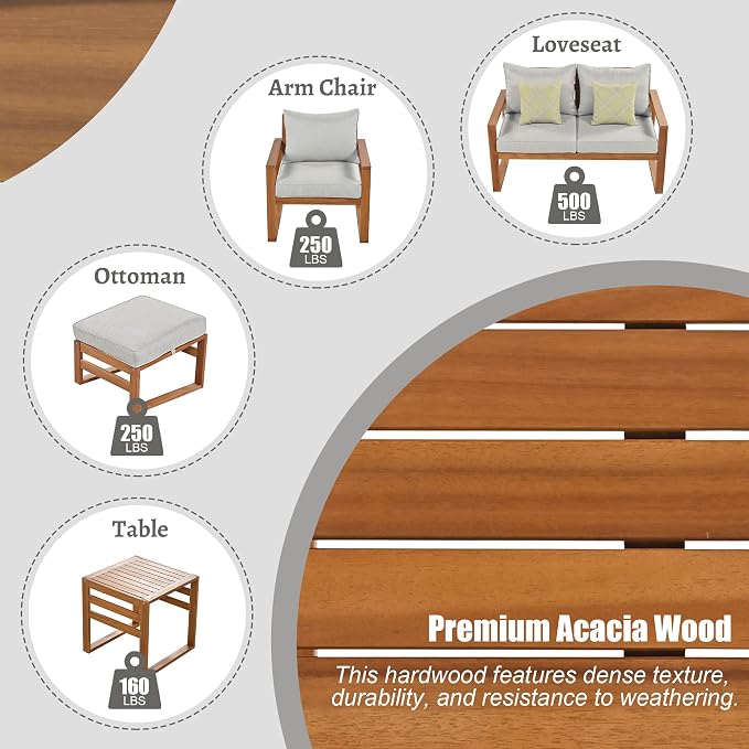 Outdoor Acacia Wood 6-Piece Conversation, Sectional Garden Seating Groups Chat - Image 6