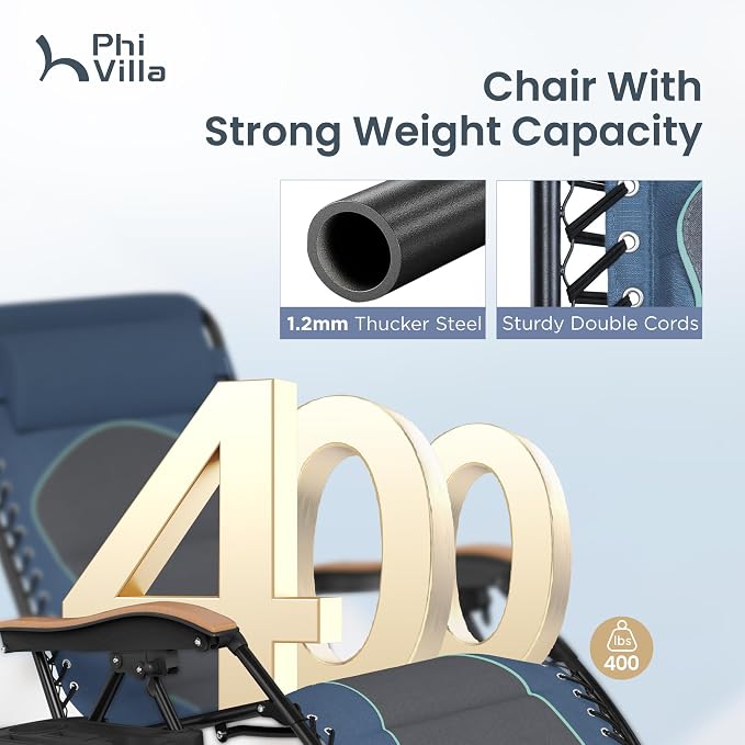 PHI VILLA XXL Oversized Padded Zero Gravity Chair Set of 2, Foldable Patio - Image 5