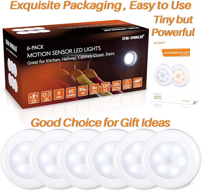 STAR-SPANGLED 6 Pack 2.8” Motion Sensor Lights Indoor AAA Battery Operated - Image 6