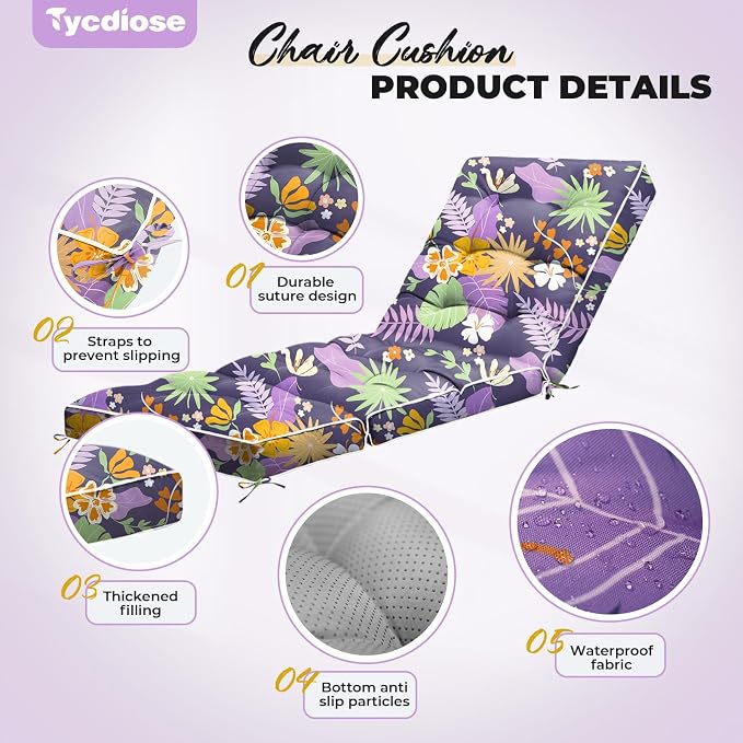 Outdoor Chaise Lounge Chair Cushion, Waterproof Non-Slip Patio Chaise Lounge - Image 5