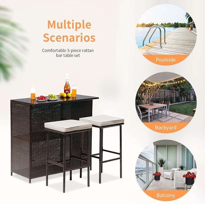 Wicker Patio Furniture 3 Piece Patio Bar Table Set Chairs Wicker Outdoor Rattan - Image 6
