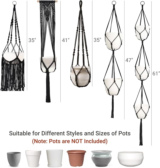 Mkono Macrame Plant Hangers, 5 Pack Different Tiers Indoor Hanging Planters - Image 2