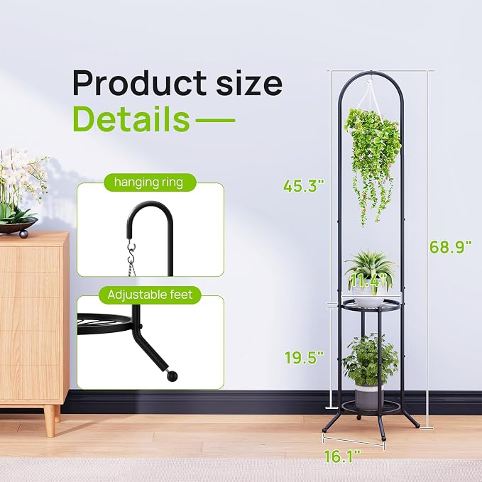 2-tier Hanging Plant Stand Plant Hanger Indoor Outdoor Corner Plant Stands - Image 3
