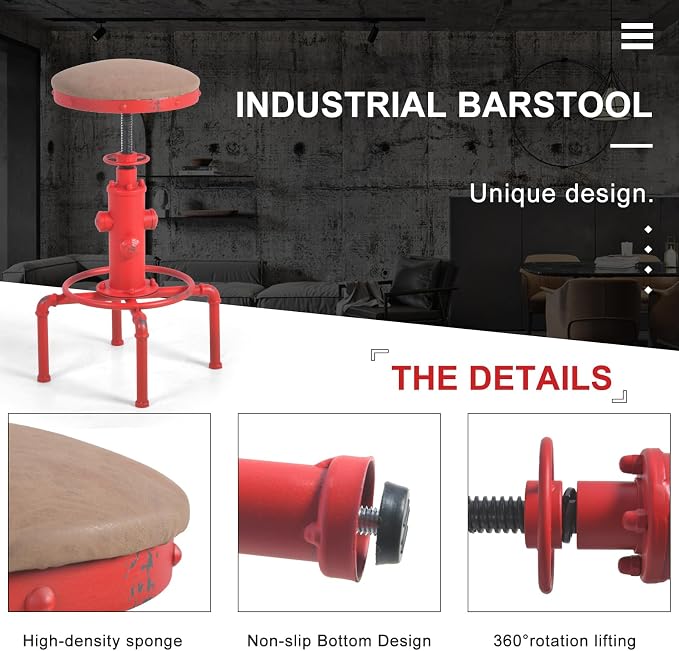Topower Antique Vintage Industrial Barstool PU Leather Water Pipe Fire Hydrant - Image 5