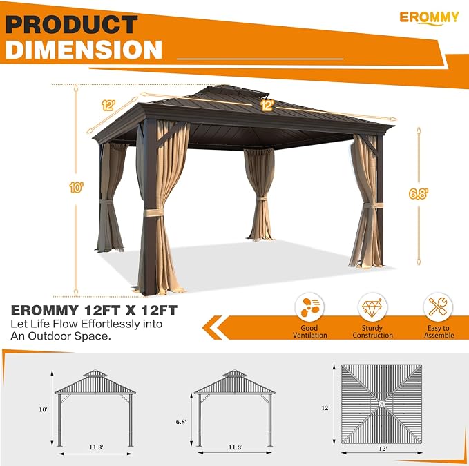 EROMMY 12' x 12' Gazebo Hardtop Double Roof Galvanized Steel Gazebos - Image 2