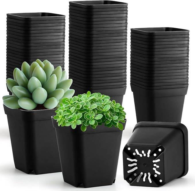 100 Pack Plant Nursery Pots 3.15 Inch, Durable Square Seedling Pots by RooTrimmer