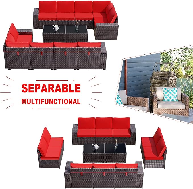 Kullavik Outdoor Patio Furniture Set 12 Pieces Sectional Rattan Sofa Set Brown - Image 4