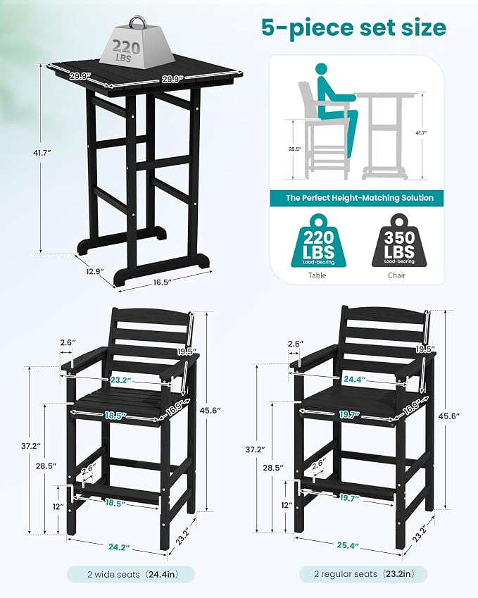 SERWALL 5-Piece Adirondack Bar Chairs Set, HDPE Adirondack Barstools - Image 4