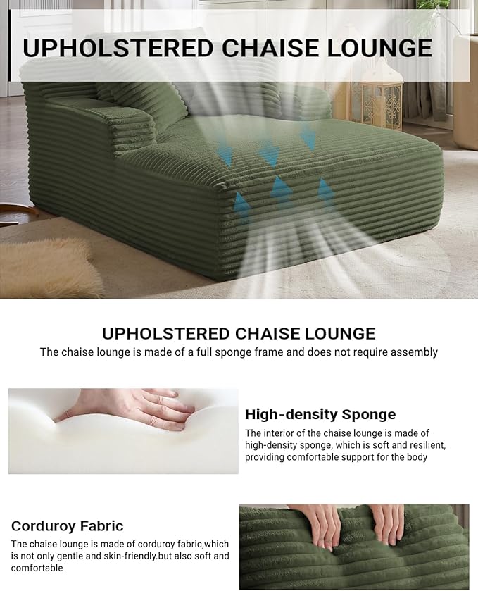 50 Inch Oversized Chaise Lounge Chair Indoor, Corduroy Upholstered Boneless - Image 3