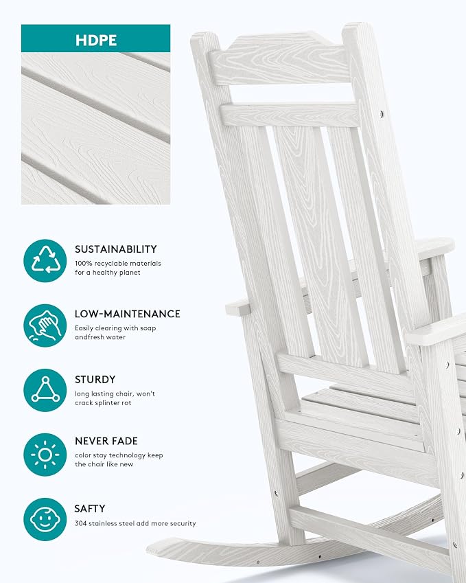 SERWALL HDPE Outdoor Rocking Chair White Set of 8, All Weather Patio Rocking - Image 6
