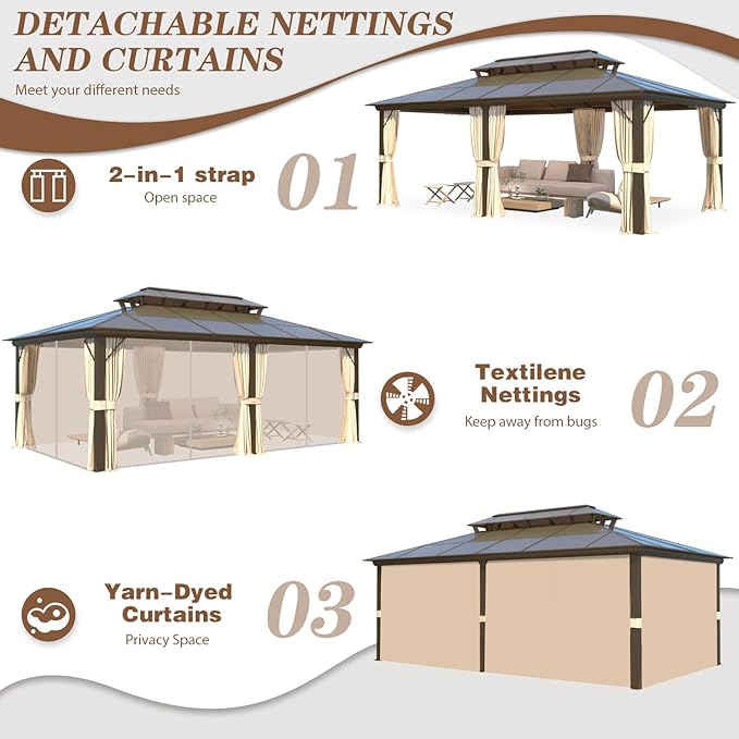 EROMMY 12' x 20' Gazebo Polycarbonate Double Roof Canopy - Image 8
