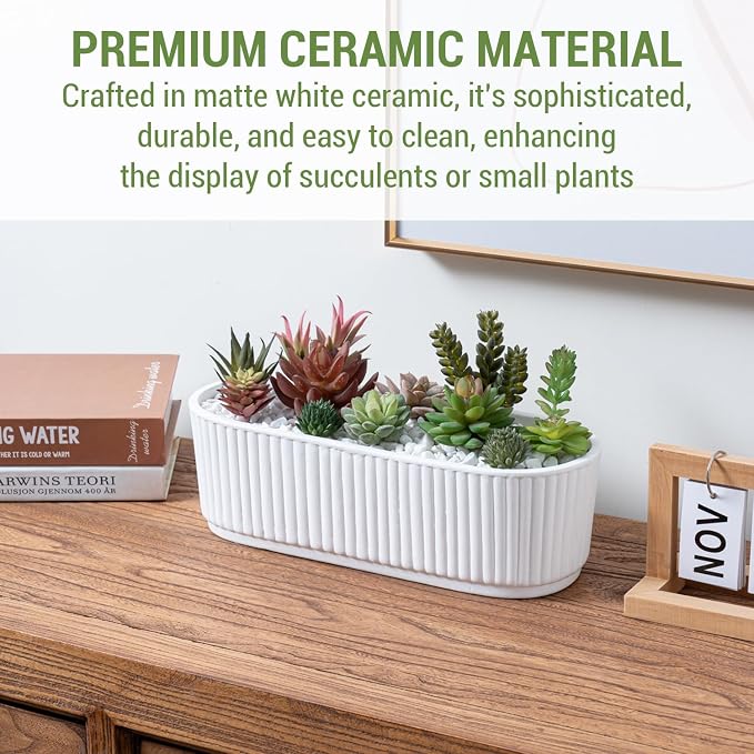 MyGift 12 Inch Ceramic Succulent Planter, Oval Matte White Planter Pot - Image 5