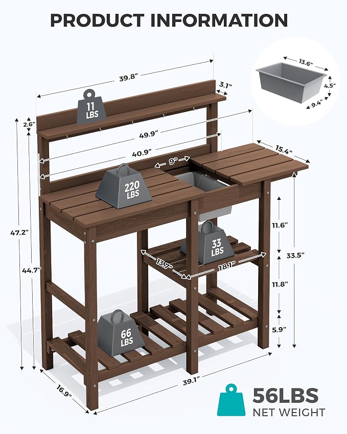 SERWALL Outdoor Potting Bench 2-Piece Set, Rot-Resistant HDPE Potting Table - Image 2