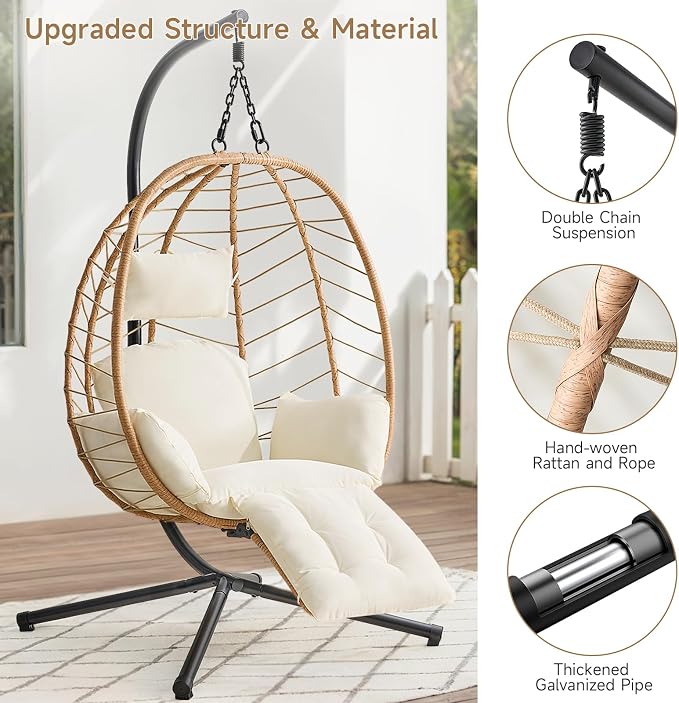 ONBRILL Hanging Egg Chair with Adjustable Footrest & Stand, Wicker Rattan Swing - Image 7
