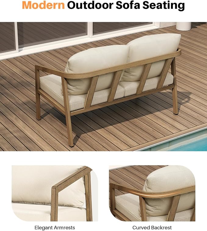 Teak Outdoor Patio Loveseat, Never-Rust Aluminum Outdoor Loveseat Couch - Image 8