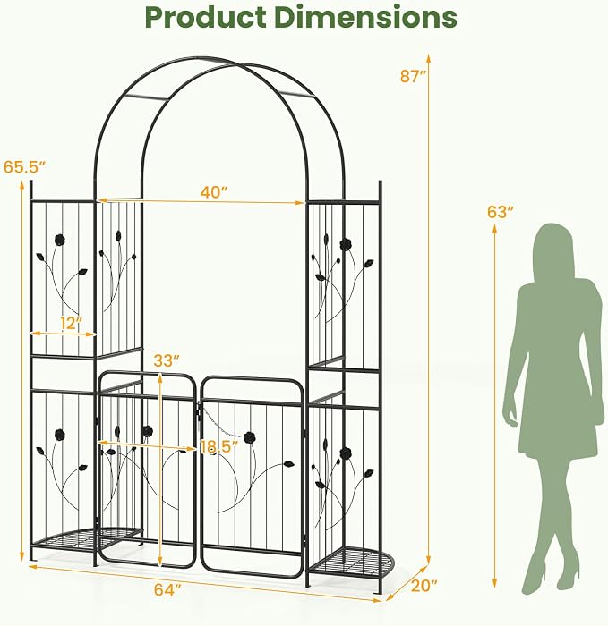 IRONMAX 87" Garden Arch with Gate & Planter Shelves, Heavy Duty Metal Arbor - Image 3