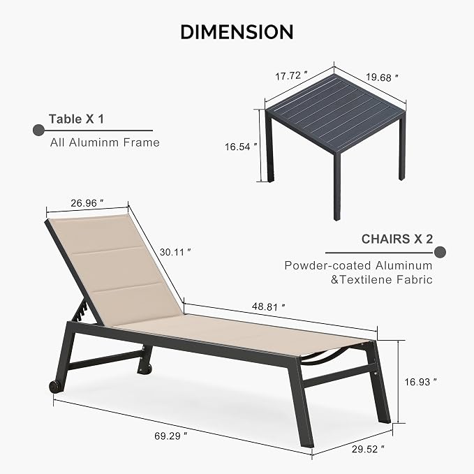 PURPLE LEAF Extra Large Outdoor Chaise Lounge 2 Pieces Aluminum Patio Lounge - Image 9