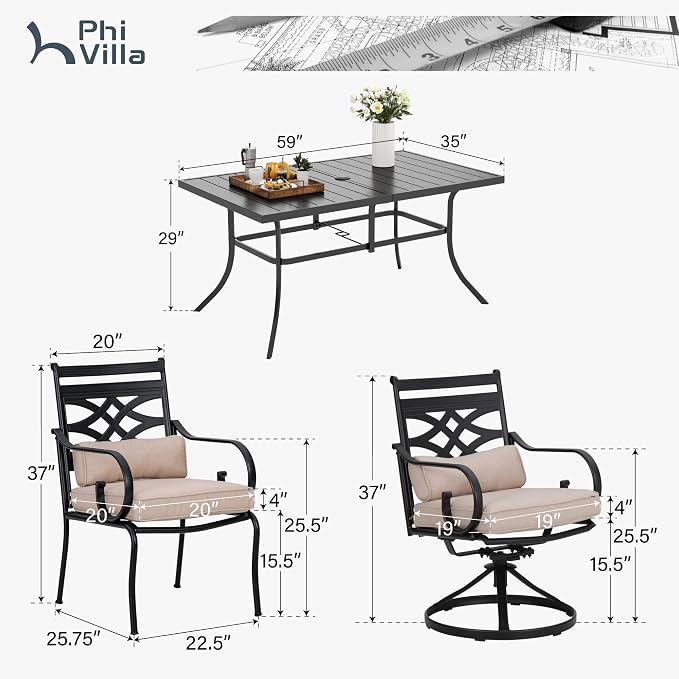 PHI VILLA 7 Pcs Patio Dining Sets, Outdoor Table Chair Set - Image 9