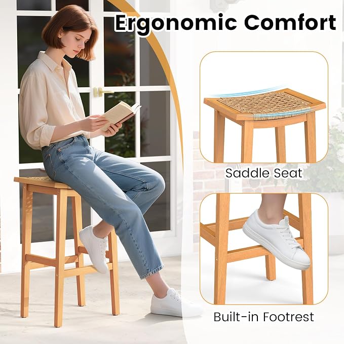 Giantex Outdoor Wooden Bar Stools Set of 4, Solid Acacia Wood Bar Height Stools - Image 6