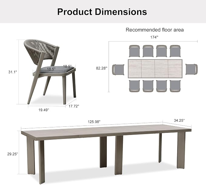 PURPLE LEAF 11-Piece Patio Dining Set Outdoor Furniture Rectangular Table and - Image 6