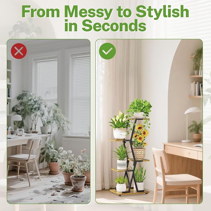 iDavosic.ly 4 Tier Indoor Plant Stand, Corner Tall Metal & Wood Flower Shelf - Image 5
