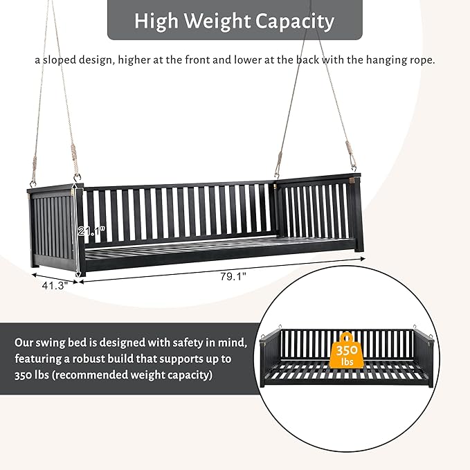 Patio Twin Size Garden Swing Daybed, Acacia Wood Porch Swing - Image 5
