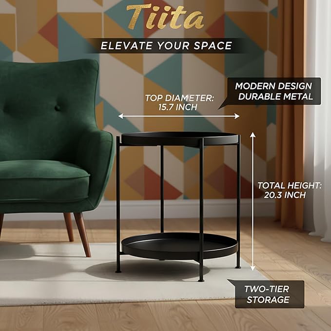 Tiita Round End Table Mental 2-Tier Side Table Nightstand/Small Iron Tables - Image 3