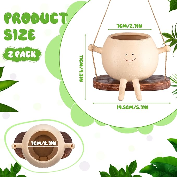 Domensi 2 Pcs Swing Hanging Planter Cute Smile Flower Face Pot Indoor Outdoor - Image 2