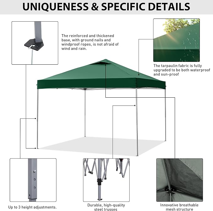 GDY 10x10 Pop Up Canopy Tent, Easy Set up Outdoor Silver Coated Beach Gazebos - Image 5