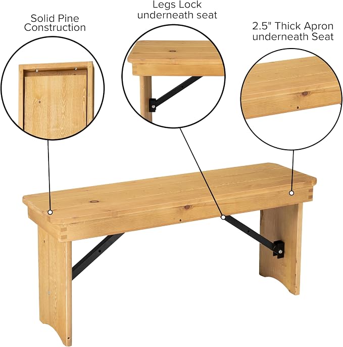 Flash Furniture HERCULES 40" x 12" Folding Farm Bench, Solid Pine Entryway - Image 5