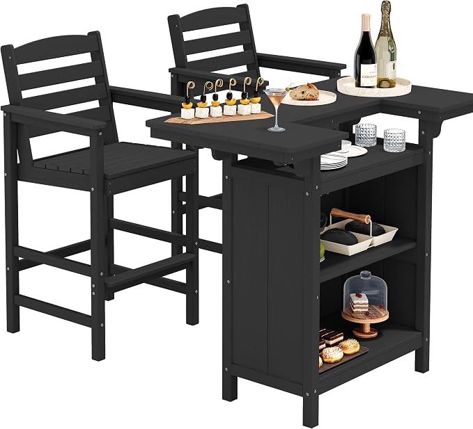 SERWALL Outdoor Bar Table Set – HDPE Black Patio Bar Cabinet by SERWALL