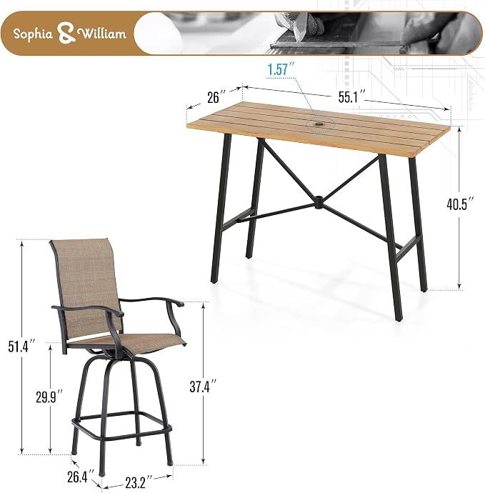 Sophia & William Outdoor Bar Set, Patio Bar Table and Chairs Set, Bar Height - Image 7