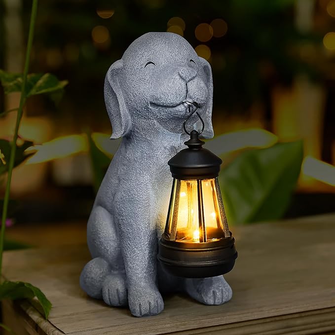 Solar Dog Garden Statue with Lantern, Outdoor Waterproof Dog Figurine Decor by HSLILIMING