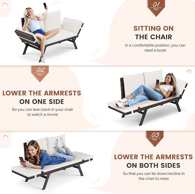 Flamaker Outdoor Convertible Sofa, Woven Rattan Patio Furniture Sunbed - Image 3