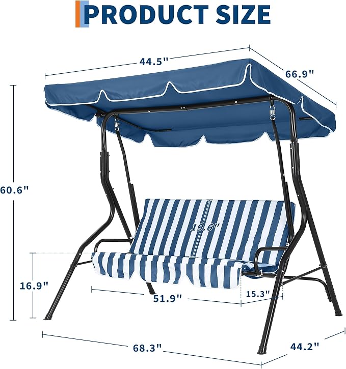Outdoor Porch Swing Chair with Adjustable Canopy & Striped Seat Cushion - Image 6