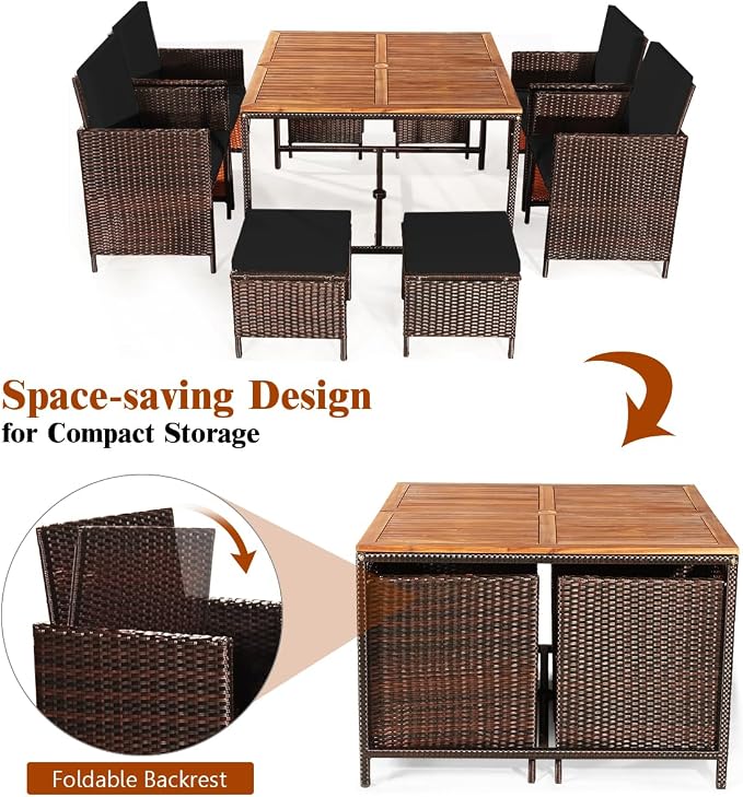 Tangkula 9 Pieces Acacia Wood Patio Dining Set, Space Saving Wicker Chairs and - Image 7