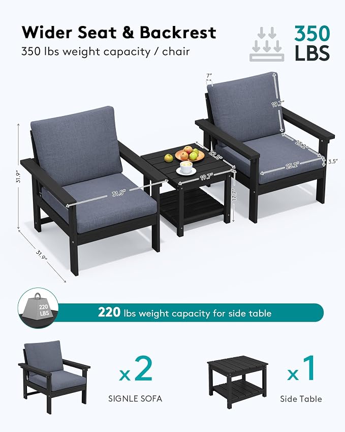SERWALL HDPE Patio Sofa Set, 3-piece Sectional Outdoor Furniture Set, All - Image 2