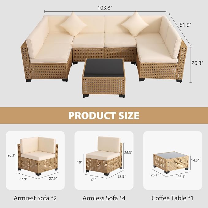 KIGOTY Patio Furniture Set, 7 Pieces Modular Outdoor Sectional Sofa, PE Rattan - Image 2