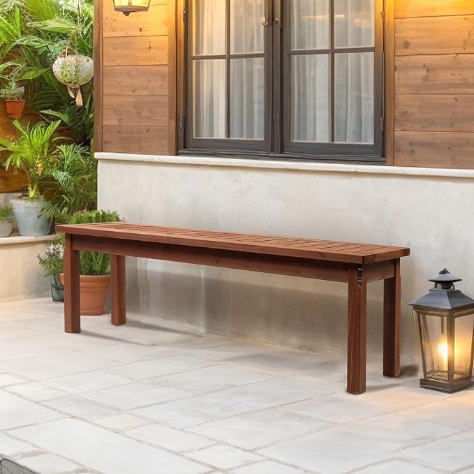VINGLI Outdoor Wooden Bench, 62” Porch Bench Outdoor Backless Garden Bench - Image 2