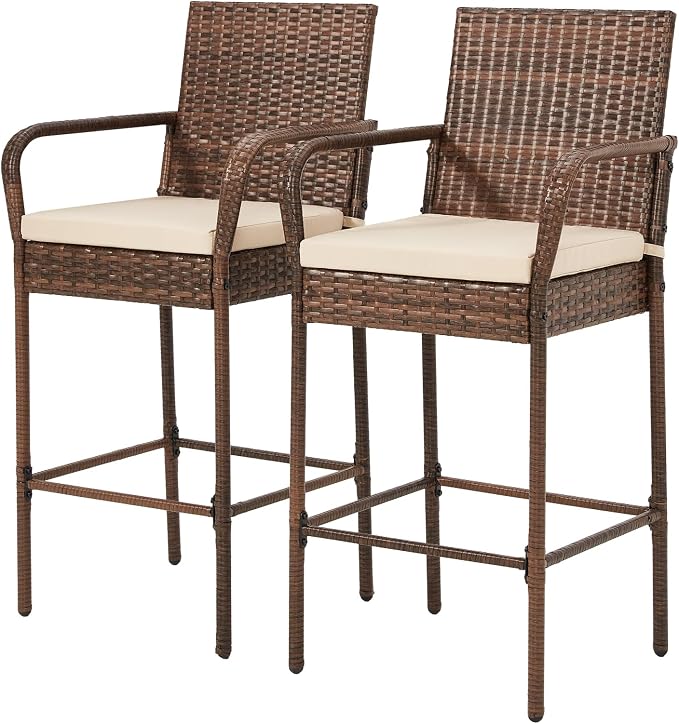 ECOTOUGE Patio Wicker Barstools Set of 2, Outdoor Rattan Bar Height Chairs by ECOTOUGE