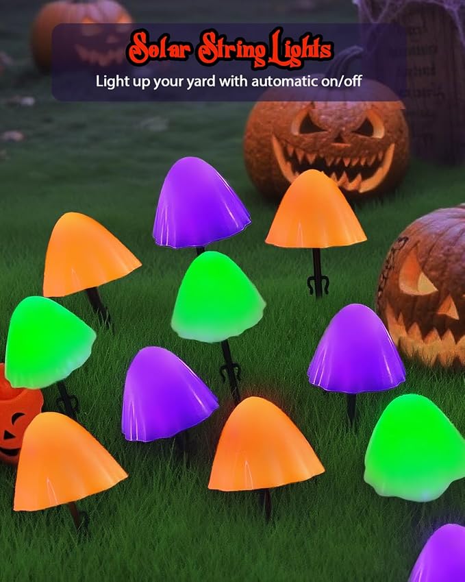 OZS 2PK 55FT 32LED Halloween Orange Purple and Green Solar Mushroom Lights - Image 8