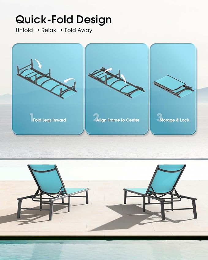 Aluminum Outdoor Lounge Chairs Set of 2- No Assembly Needed, Foldable Patio - Image 3