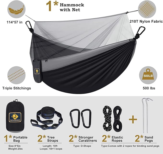 Camping Hammock with Net, Travel Portable Lightweight Hammocks with Tree Straps - Image 5